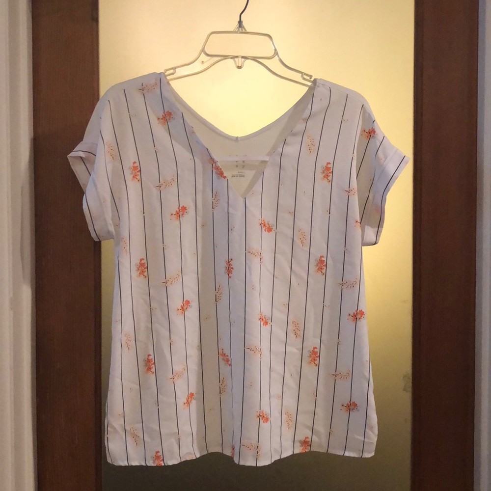 Floral and Striped White Short Sleeved Blouse Top